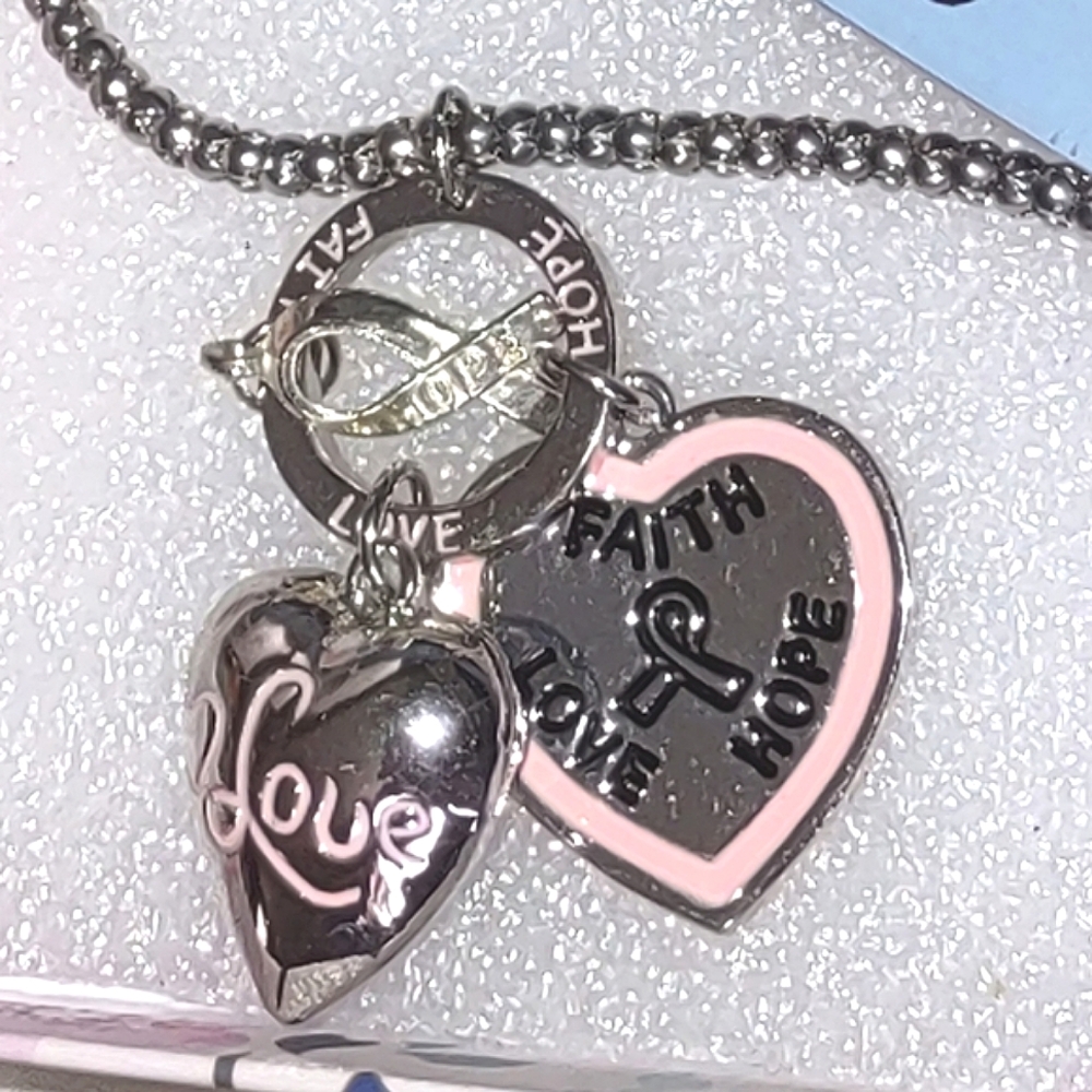 Faith Love Hope Breast Cancer Theme Heart Necklace